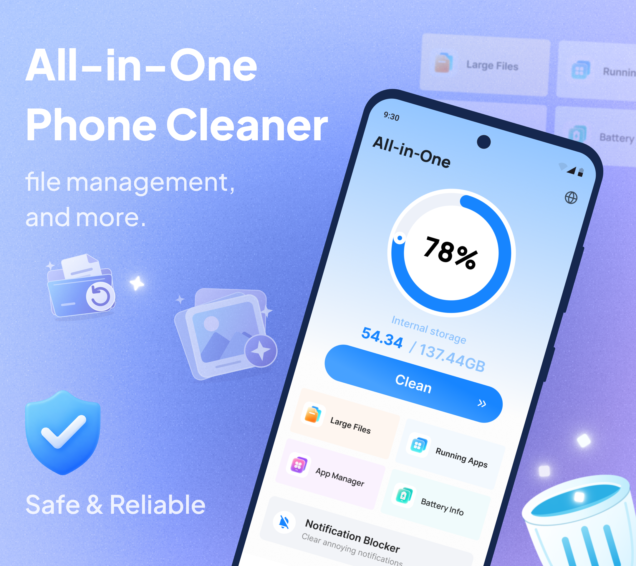 NovaClean all-in-one phone cleaner with a storage overview, large files, running apps, app manager, battery info, and notification blocker
